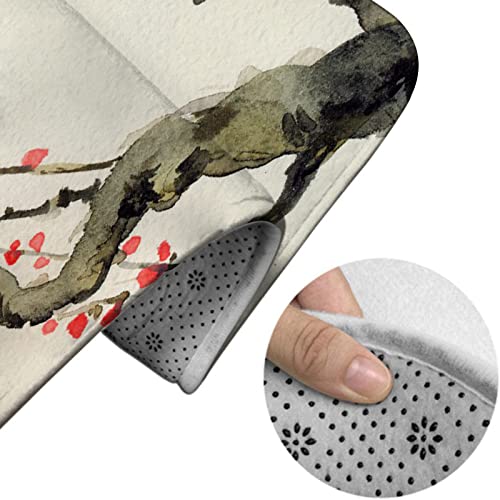 Badezimmerteppich-Set, 3-teilig, Die Leuchtend roten Blumen auf den Ästen eines Alten Baums, waschbarer Badeteppich, rutschfest, mit Rückenpolster, Konturteppich und Toilettendeckelbezug – Bild 5