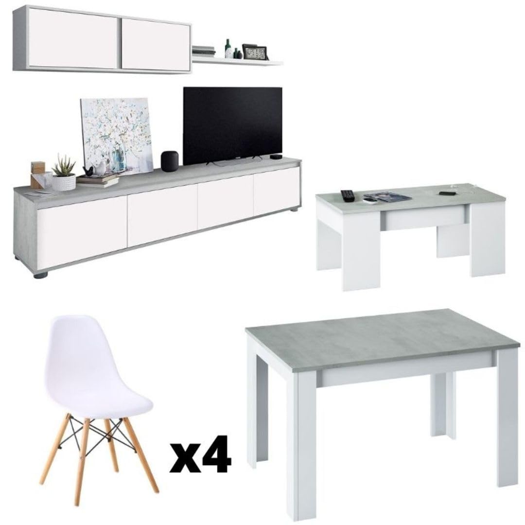 Mobelcenter, Conjunto Salón Cemento, Incluye Mueble y Mesa de Salón, Mesa de Centro y 4 Sillas, Acabado Color Blanco Artik y Cemento (P0018)