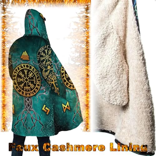 Norse Myth Nine Realms Winter Coats for Men Plus Size Viking Runes Fuzzy Soft Faux Cashmere Hooded Cloak, Parka Robe3
