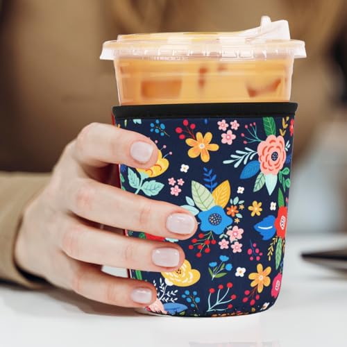 Image of Reusable 3-Pack Iced Coffee Cup Sleeve, Insulated Neoprene, Beverage Holder for Iced Coffee, Durable Drink Sleeve for Cold Beverages, Lunar Garden