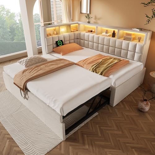 @Moflan Lin Cama tapizada de lino 90 x 200 cm con cama nido de 90 x 190 cm, LED, altavoz Bluetooth, puerto de carga USB y tipo C, cabecero en L con estante de almacenamiento, sofá cama/cama de