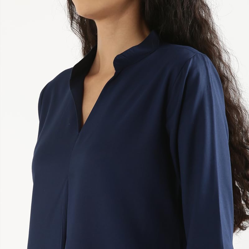 Image of SAADAA Top for Women, Viscose Pleated Tops, V-Neck with a Collar, 3 /4 Sleeve Length, Office & Casual Wear
