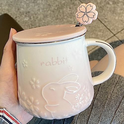 Xfeyaqlo Tasse Lapin Mignon 420ml avec Couvercle Céramique, Sakura Beau, Couvercle et Cuillère -...