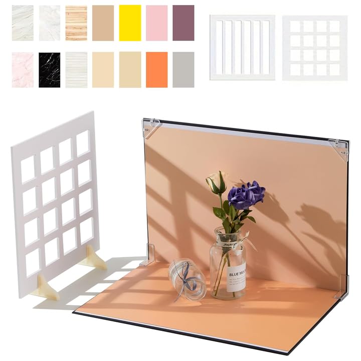 7pcs Double-Sided Photo Backdrop Board Kit, 16x11.5in PVC Flat Lay Background Paper, 14 Patterns, with 2pcs 11x11in Window Shadow Panes for Product,