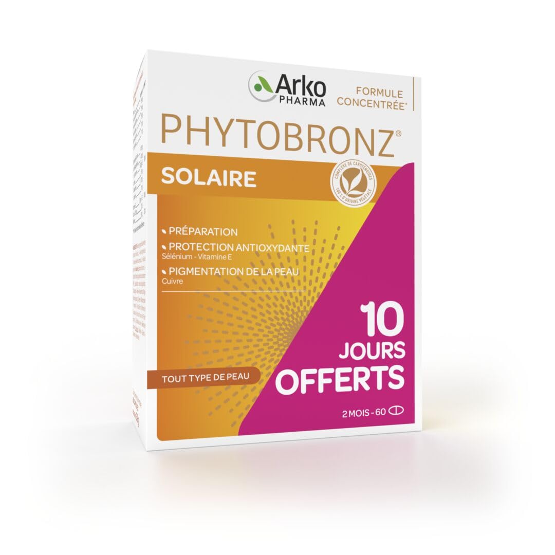 Arkopharma - Phytobronz Solaire | Préparation solaire - Protection antioxydante - Pigmentation de la peau - Peau rayonnante -Formule concentrée| 60 jours - 60 capsules dont 10 jours offerts