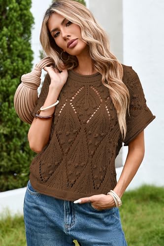 Image of Cakulo Womens Summer Crochet Boho Crop Tops Short Sleeve Lightweight Knit Sweater 2026 Beach Vacation Cruise Resort Wear