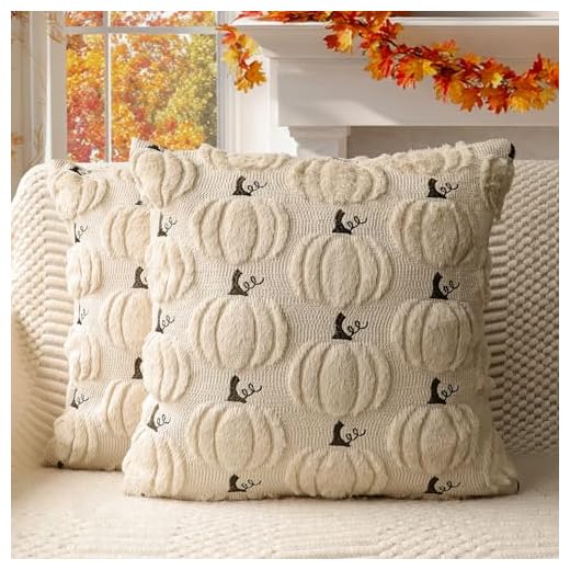 33+ Cozy Fall Bedroom Decor Ideas to Transform Your Space 2 4TH Emotion Fall Pumpkin Decorative Pillow Covers 18x18 Set of 2, Beige Soft Plush Faux Fur Wool Farmhouse Throw Cushion Cases for Autumn Thanksgiving Holiday Home Decorations