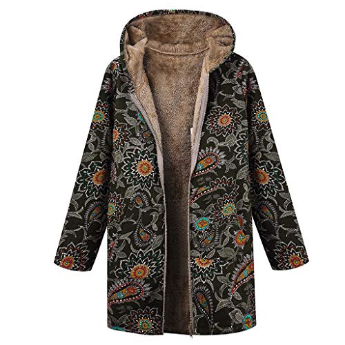 Womens Jackets Coats Boho Flowers Leaves Floral Print Fleece Lined Hooded Warm Loose Parka Overcoat Outerwear Plus Size