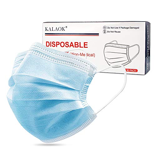 KALAOK 30 Pieces Disposable Face Masks, 3Ply Facial Cover Masks Breathable Non-Woven Disposable Mouth Cover with Ear Loops for Adult Suitable for Home, School, Office and Outdoors - Blue