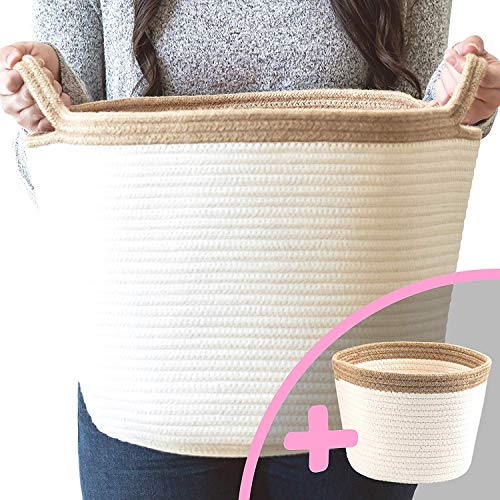 Little Hippo 2pc Large Cotton Rope Basket (15"x13") 100% Natural Cotton! Rope Basket