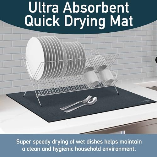 HydroMat Dish Drying Mat for Multiple Usage, Easy Clean, Non Slip Mat for Kitchen Counter, Sink,Refrigerator or Drawer liner, Black, 19.5