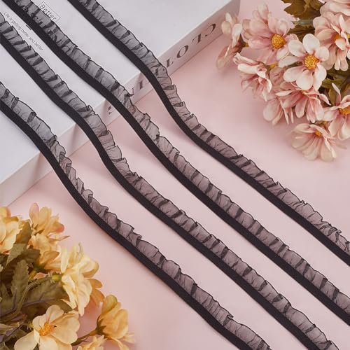 GORGECRAFT 50 Yards Elastic Ruffle Lace Trim 1.5cm Chiffon Pleated Stretch Ribbon Frilly Lace Fabric Gathered Edging Trimming for Hair Tie Headband Lingerie Underwear Sewing Crafts Home Decor Black - Image 4