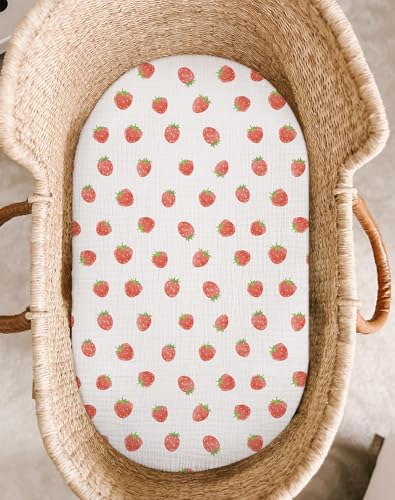 Image of Bassinet Sheet for Baby Boy Girl 2 Pack, Fitted Sheets for Rectangle, Oval, Hourglass Bassinet Mattress, Muslin Moses Basket Sheets (Strawberry & Pale Pink, Bassinet Sheet)
