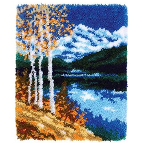 Image of LUBOT 20 inch*15 inch Golden Tree Latch Hook Kits for Adults Rug Pillow Cover with Printed Canvas Pattern Crochet Kit for Beginners