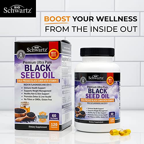 Black Cumin Seed Oil Capsules - 1000Mg Ultra Pure Cold Pressed Black Seed Oil Pills With Vitamin E For Hair Growth & Liver Support - Vegan Sativa Black Seed Oil Supplement For Women & Men, 120 Count #TOP6