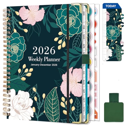 Gumiho Agenda Semainier 2026 Spirale - A5 Planner (Janvier-décembre 2026)-Agenda Scolaire Avec boucle de stylo,Règle Signet & Autocollants de plan (Vert foncé)