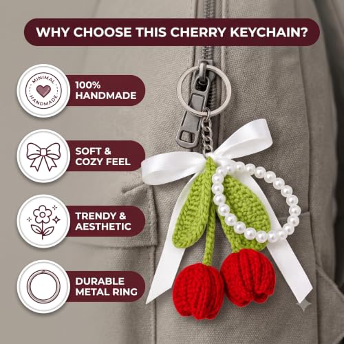 Image of Handmade Crochet Tulip Keychain with Pearl String - Cute Floral Bag Charm & Aesthetic Purse Pendant, Knitted Flower Keyring Accessory Gift for Girls & Women