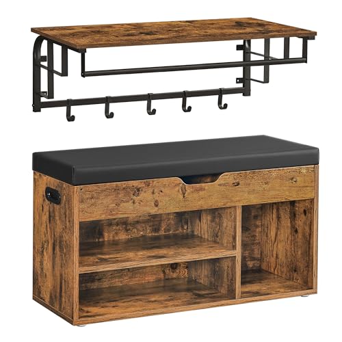 VASAGLE Schuhbank, Wandgarderobe, Industrie-Stil, Möbel-Set für Eingangsbereich, Wandregal mit 5 abnehmbaren Haken, Sitzbank mit Sitzkissen, vintagebraun-schwarz LSR132B01