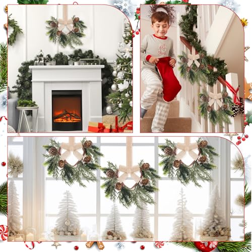 Image of Dingion 6 Pcs 6 inch Christmas Mini Cabinet Cedar Wreaths for Kitchen with Ribbon Bows Artificial Cedar and Pine Cone Small Window Wreath for Window Door Farmhouse Christmas Party Decorations