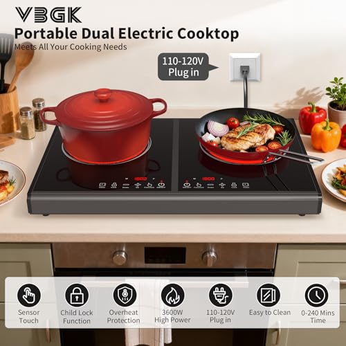 Image of VBGK Electric Cooktop, 110V 3600w Stove top, 22 inch Countertop with 9 Power Levels, LED touch control Overheat Protection, Child Safety Lock & Timer, touch control 2 burer Electric cooktop