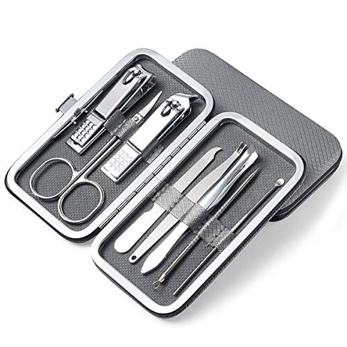 Manicure Pedicure Set Nail Clippers Kit, POPBANG Stainless Steel Professional Nail Care Tools Travel & Grooming Kit Cutter Care Set Scissor Tweezer Knife Ear Pick Tools with Leather Case 8 Pcs Silver