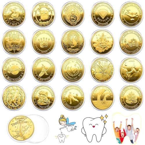 NICEWAT 20 Stück Zahnfee Münzen mit Verschiedenen Mustern Zahnfee Geschenke Mädchen Jungen Tooth Fairy Coins Verlorenen Zahn Kinder Geschenke Souvenir
