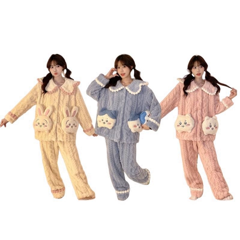Sa様 パジャマ 長袖 ルームウェア L ウサギ ハチワレ ちいかわ ハチワレ ウサギ ちいかわ パジャマ 胸当て付き 上下セット