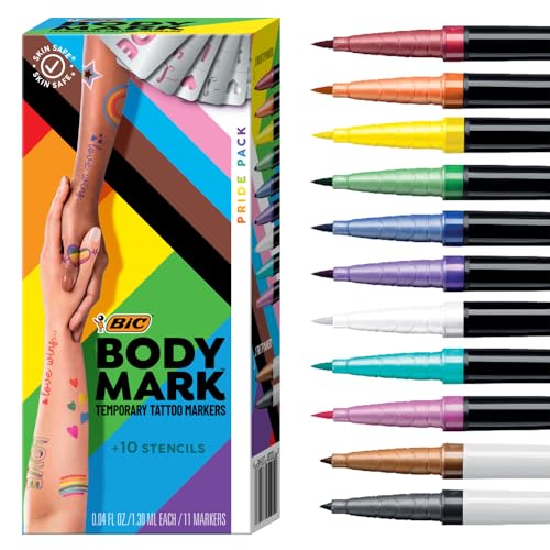 BIC BodyMark Temporary Tattoo Markers for Skin Pride Pack Flexible Brush Tip 11-Count Pack of Assorted Colors Skin-Safe Cosmetic Quality Unique Gifts