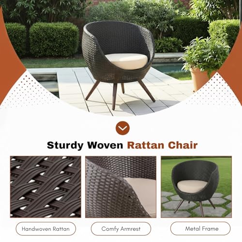 Image of DEVOKO 3 Pieces Outdoor Patio Wicker Furniture Conversation Set with Round Table for Balcony, Terrace, Garden (Dark Brown & Cream)