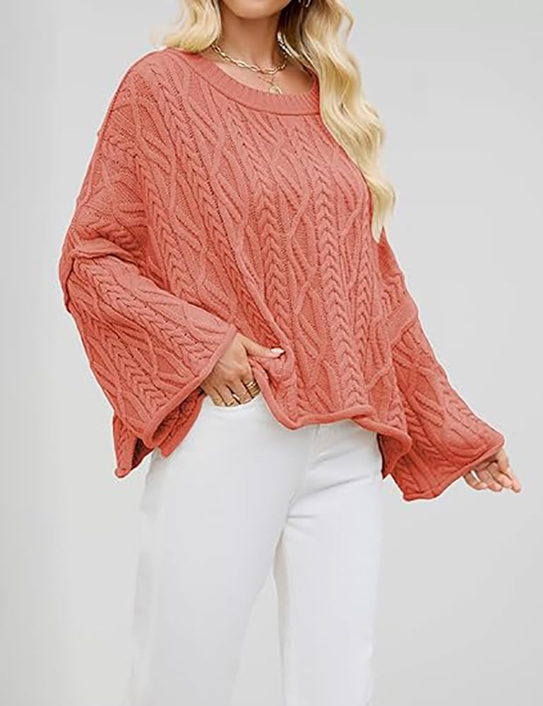 Generico Maglione Oversize da Donna a trecce con Scollo Rotondo e Maniche Lunghe Svasate, Pullover Morbido e Spesso Casual per Autunno Inverno