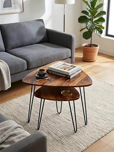 Image of REDWOOD Modern Nesting Coffee Table Set of 2 | Wooden Top Center Tables with Metal Hairpin Legs | Space Saving Living Room Furniture | Stylish Side & Accent Tables for Home Decor | Brown