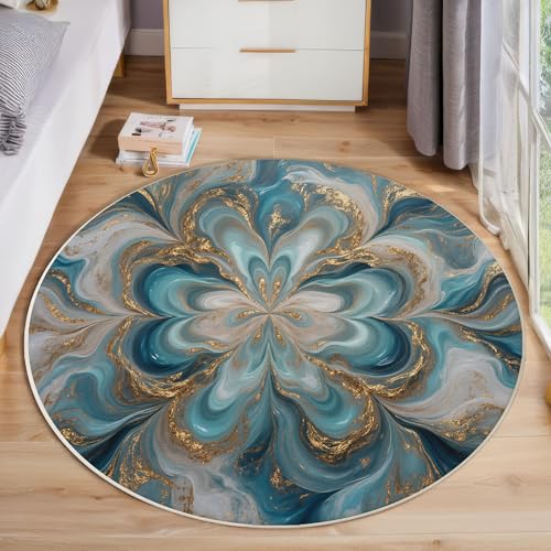 Tapis de salon rond bleu 80cm moelleux extra doux lavable