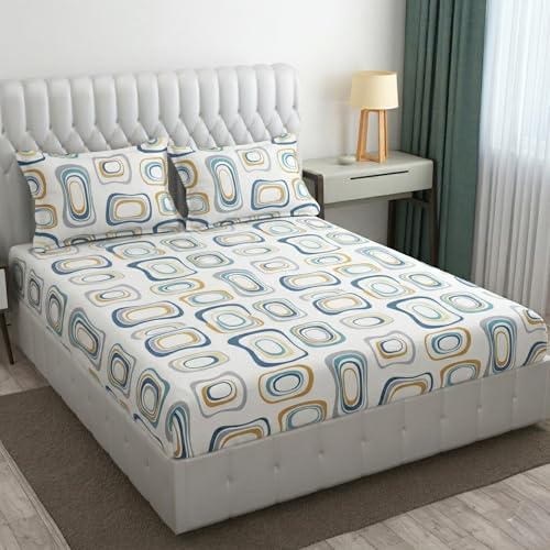 Image of Cotton Bolls Textiles Glace Cotton Flat Bedsheet 90x90 Inch with 2 Pillow Covers - Soft Breathable Glace Cotton, Printed Bedding Set for Double Bed