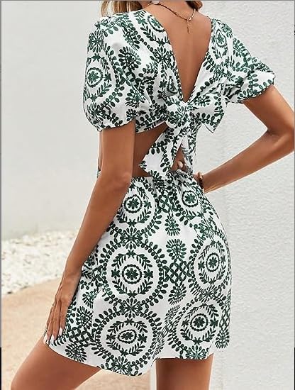 Image of SISKIN Summer Dresses for Women 2025 Vacation,Sexy Bodycon Cut Out Short Puff Sleeve Tie Back Dress for Women