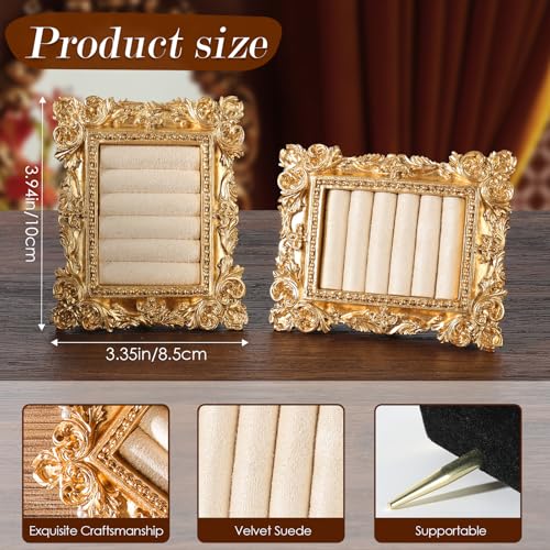 Image of Vintage Ring Holder Rectangle Gold Velvet Display Stand - Baroque Jewelry Organizer Box Tray for Wedding Engagement Anniversary Women Birthday Christmas Gift Photograph Prop (MPF05-Gold White)