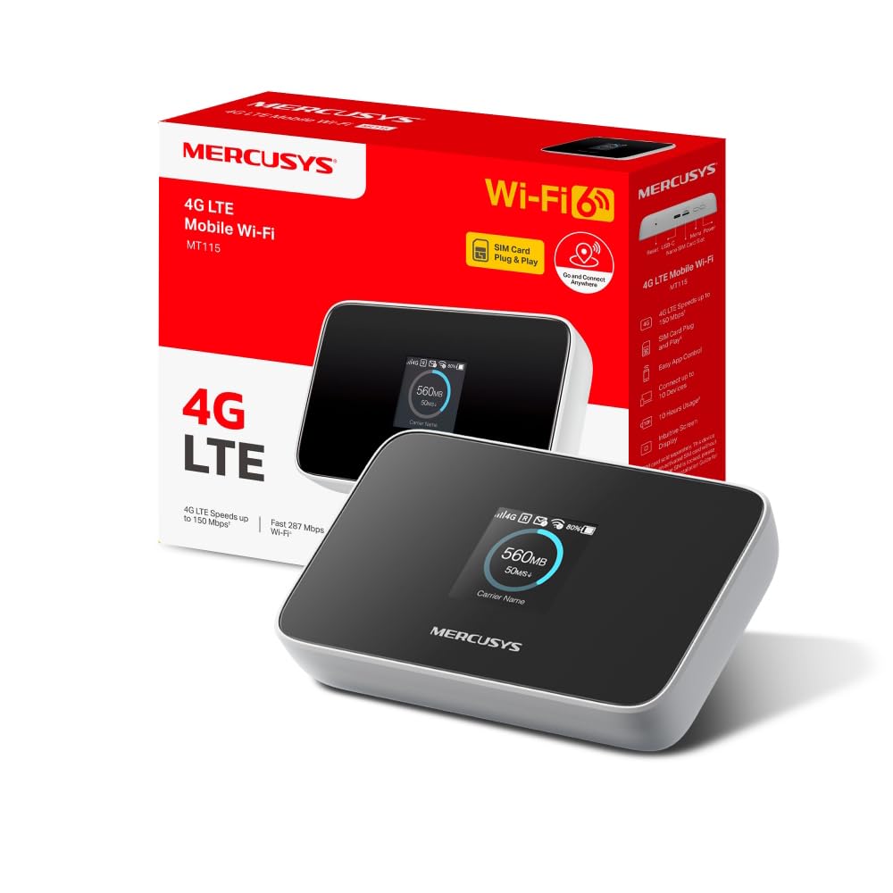 TP-Link MT115 Mercusys Hotspot 4G LTE Mobile Wi-Fi MiFi 6 AX300 Jusqu'à 287 MB/s Pocket WiFi Portable Batterie 2400 mAh Écran LCD Déverrouillé