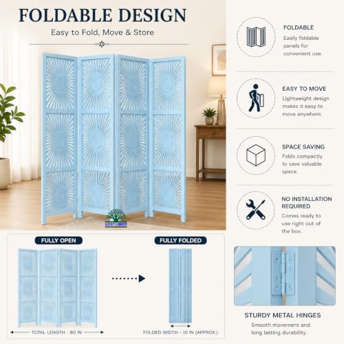 Image of Wooden Room Divider Partition for Living Room | Foldable 4 Panel Decorative Privacy Screen Separator for Home, Office & Bedroom | Modern (Light Blue)