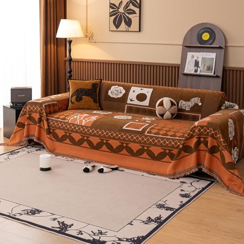 VanderHOME Plaid Sofa, Manta de Sofá Reversible, Chenille Gruesa, Antiarranques para Mascotas, Diseño Geométrico Retro, Adecuado para Todas Las Estaciones, Decoración Hogar 180 * 300cm-Marrón