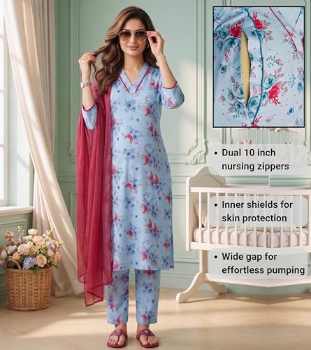 Image of DUMMY SHAPE Maternity Dresses for Women Cotton | Floral Kurta Pant Dupatta Set with Nursing Zippers, Side Pocket | Pre & Post Pregnancy | Feeding Kurti Suit | Baby Shower | Gifts for Pregnant Woman