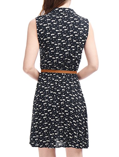Allegra K Women's Printed Half Placket Above Knee Sleeveless Belted Dress Medium Dark Blue-Cat #TOP4