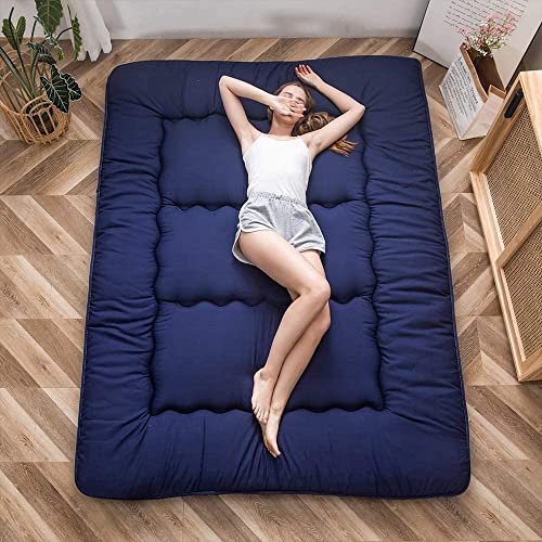 Image of MAXYOYO Japanese Floor Mattress Futon Mattress, Thicken Tatami Mat Sleeping Pad Foldable Roll Up Mattress Boys Girls Dormitory Mattress Pad Kids Floor Lounger Cushion, Navy, Twin Size