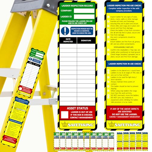 Ladder Inspection Tags 15 pcs 10x Inspection Ladder Tag Stickers and 5X Procedure Stickers. Self Adhesive Vinyl Labels. Heavy Duty Long Lasting. Weatherproof. Safetyking Made in UK