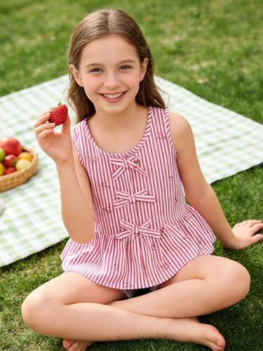 Image of Girls Sleeveless Tank Tops Striped Shirts Peplum Babydoll Top | Bowknot Summer Blouse for Beach Vacation