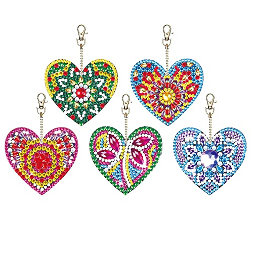 MWOOT 5 Pièces DIY 5D Coeur d'Amour Diamant Peinture Portes-Clés,Double-Face Diamond Art Painting Keychain,Bricolage Strass Peinture par Numéros Pendentif...