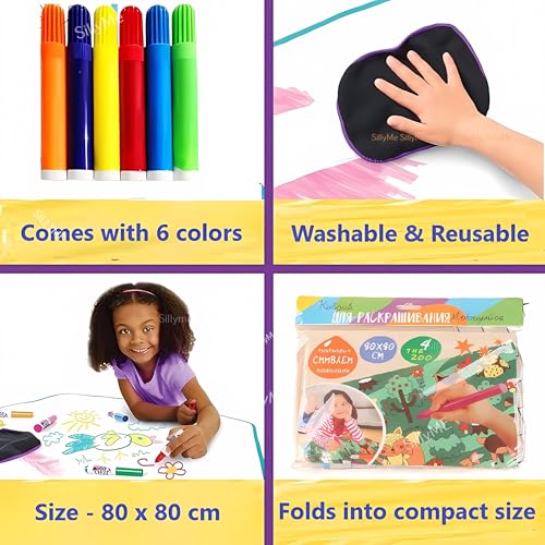 Image of 3pcs Water Drawing Mat for Kids, 80 x 80 cm, Reusable Colouring Mat, Washable Painting Mat with 6 Sketch Pens, Gift Toy for Ages 2-6 Years