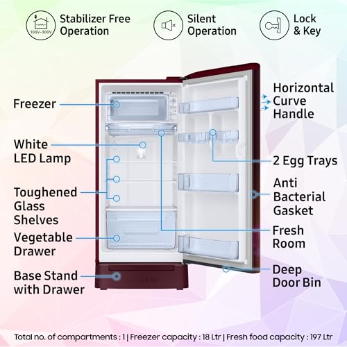 Image of Samsung 215 L, 5 Star, Digital Inverter, Direct-Cool Single Door Refrigerator (RR23H2H35HT /HL, Red, Hydrangea Plum, Base Stand Drawer, Single Touch Defrost, 2026 Model)