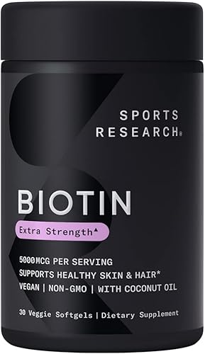 Sports Research Suplemento de biotina vegana extra fuerte (vitamina B) con aceite de coco orgánico, apoya la queratina para un cabello y una piel