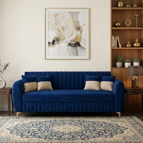 Image of CASASTYLE Signature Velour 3 Seater Sofa Set | Boston Matte Fabric | 40D Foam + Zigzag Spring | 3-Yr Warranty (Midnight Blue)