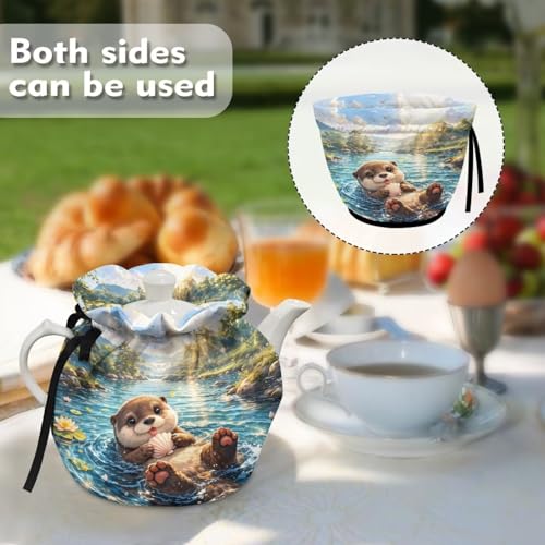 Image of Tea Cozy Otter Print Dust Proof Insulating Teapot Dust Cover Vintage Decorative Theme Teapot Insulation Cover with Drawstring Keep Breakfast Warm