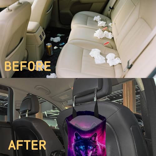 Image of Wolf Car Garbage Bag,Glowing Wolf on Starry Night Small Car Trash Bag Hanging,Drawstring Car Garbage Bag with Adjustable Buckle for Car Back Seat,SUVs,Camping,Road Trips